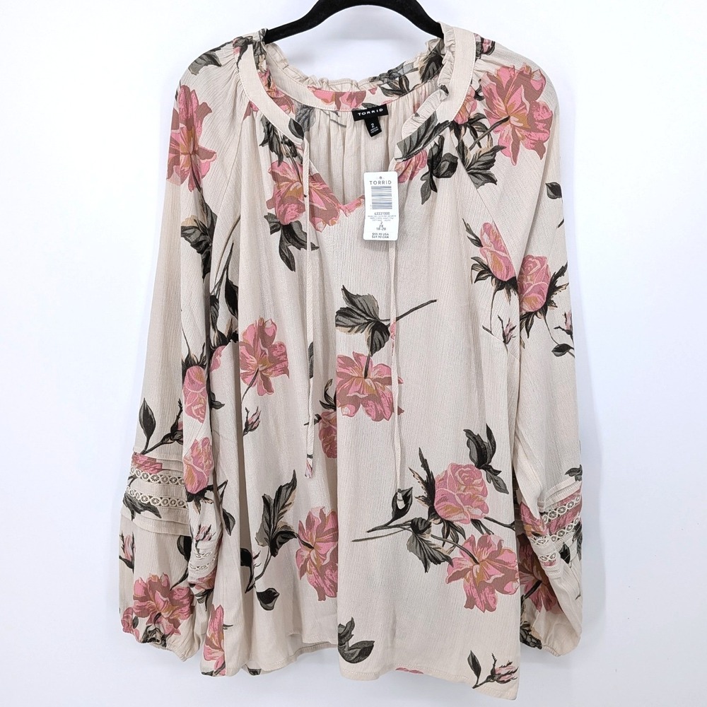 Torrid Tie Front Long Sleeve Top Women 2X Beige Pink‎ Floral Boho Crinkle Gauze